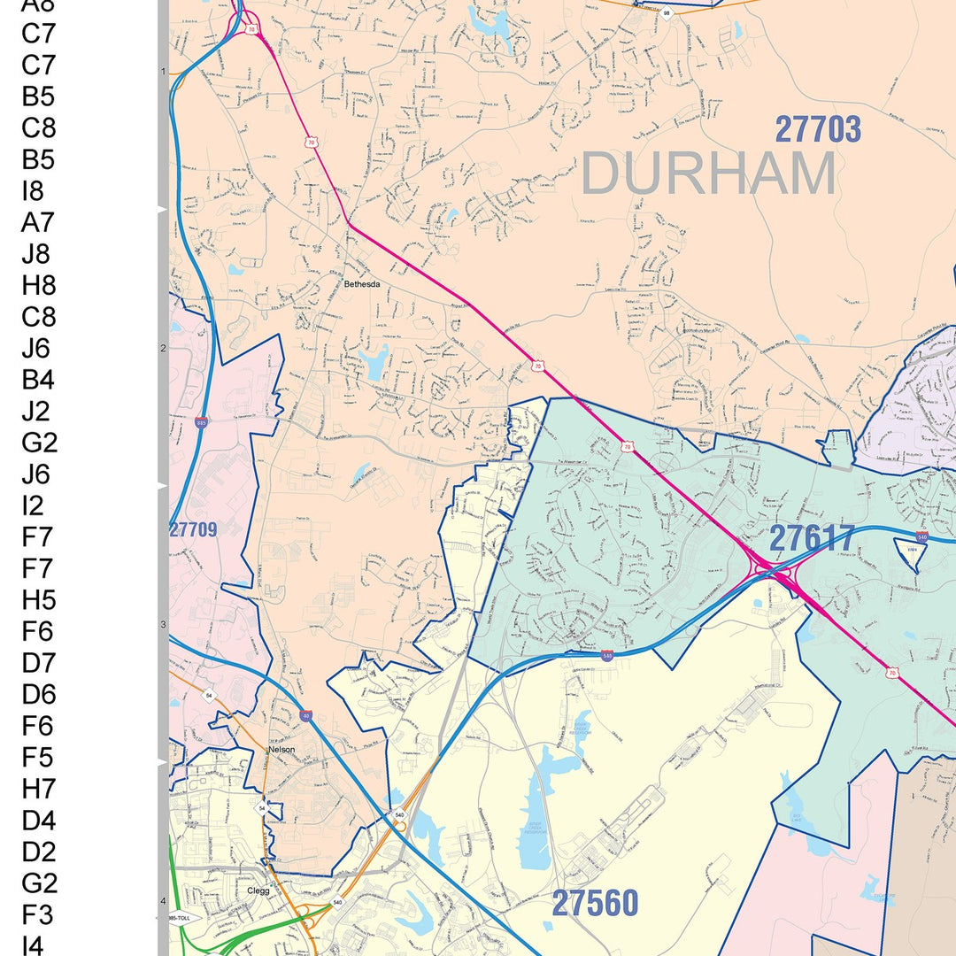 Color Cast Zip Code Style Wall Map of Raleigh NC