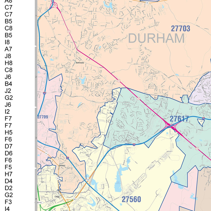 Color Cast Zip Code Style Wall Map of Raleigh NC