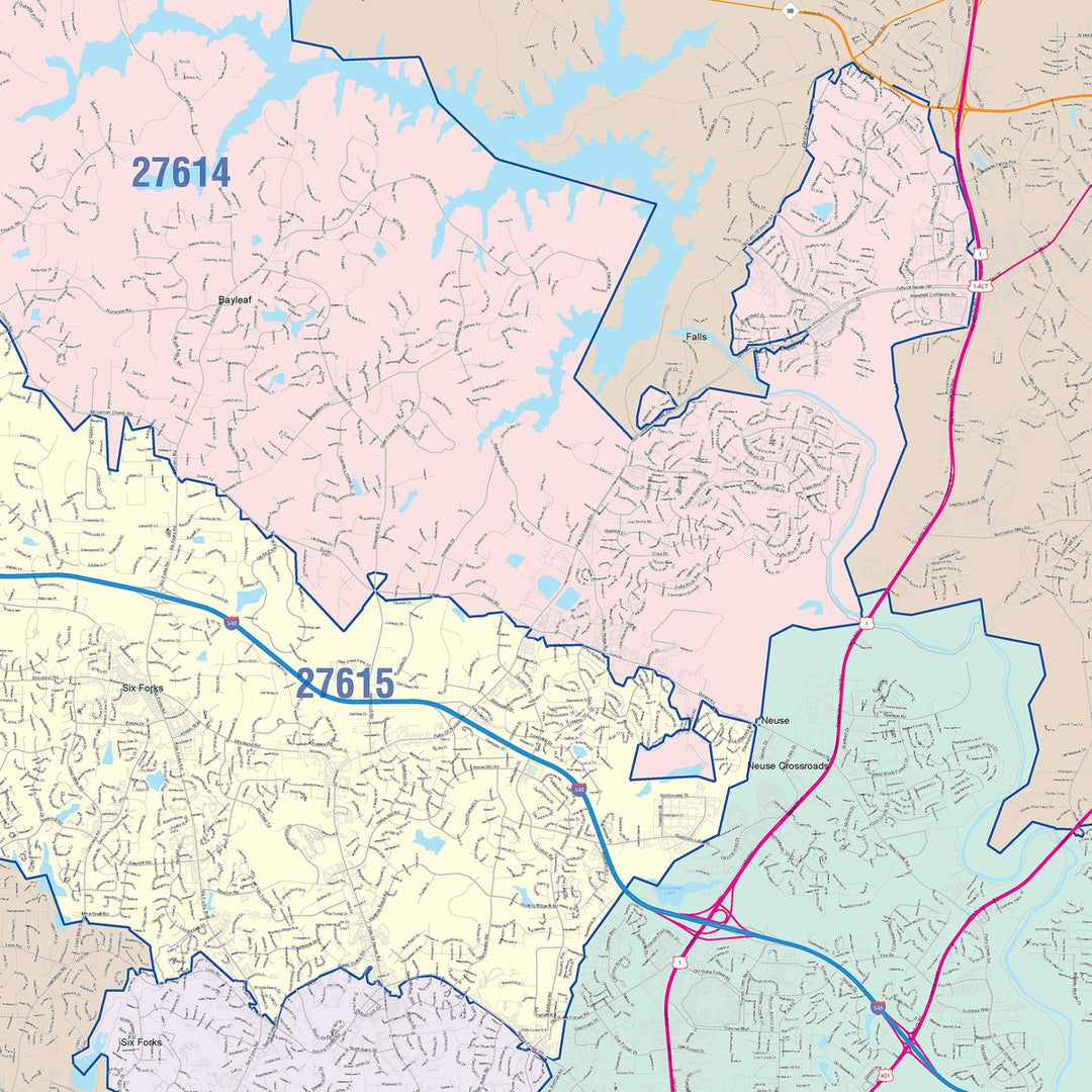 Color Cast Zip Code Style Wall Map of Raleigh NC
