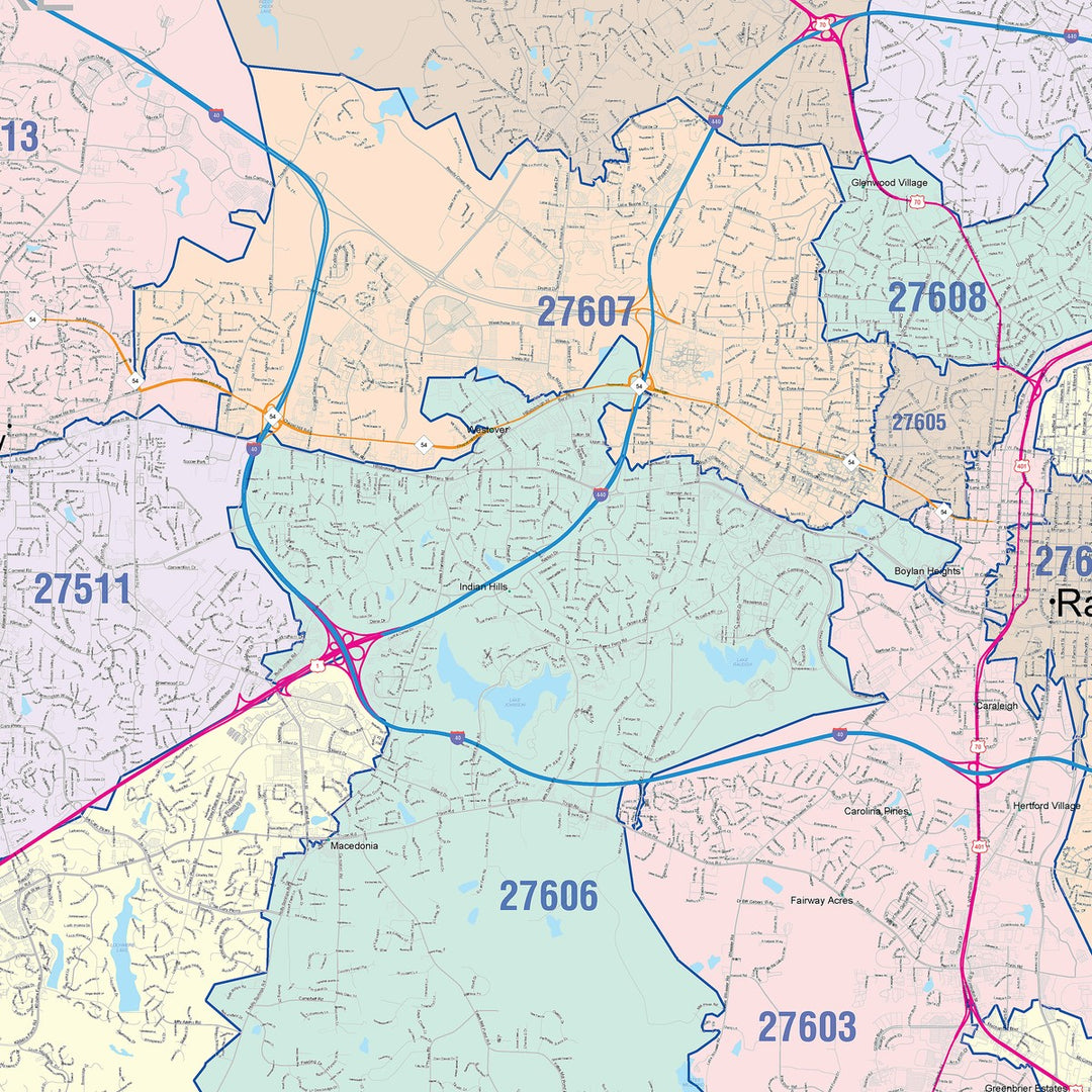 Color Cast Zip Code Style Wall Map of Raleigh NC