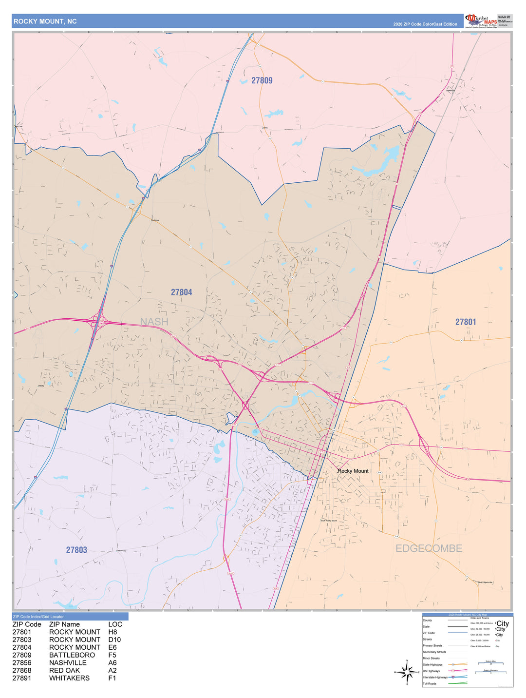 Color Cast Zip Code Style Wall Map of Rocky Mount, NC