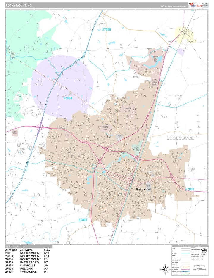 Premium Style Wall Map of Rocky Mount, NC