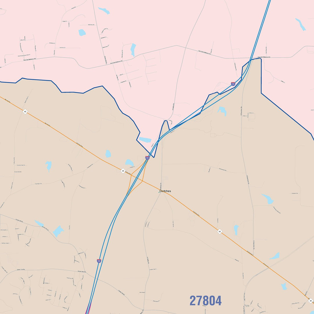Color Cast Zip Code Style Wall Map of Rocky Mount, NC