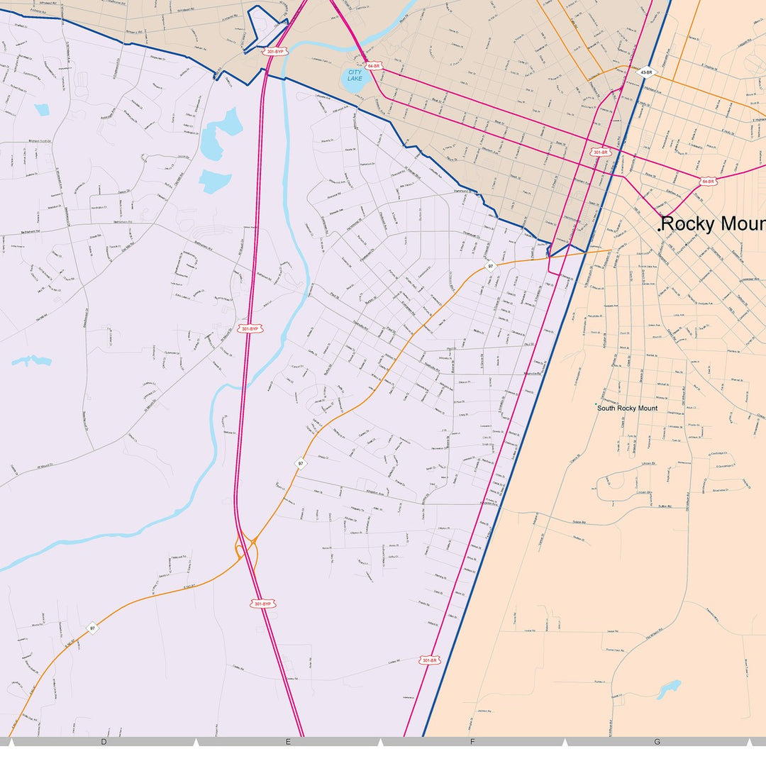 Color Cast Zip Code Style Wall Map of Rocky Mount, NC