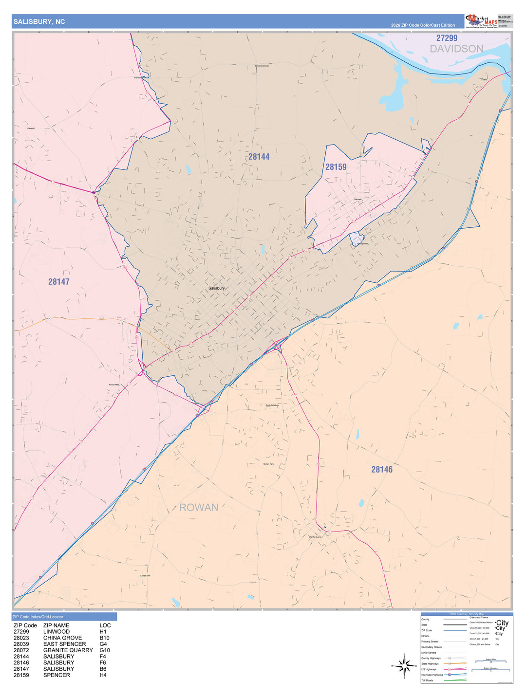 Color Cast Zip Code Style Wall Map of Salisbury, NC