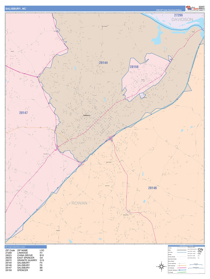 Color Cast Zip Code Style Wall Map of Salisbury, NC