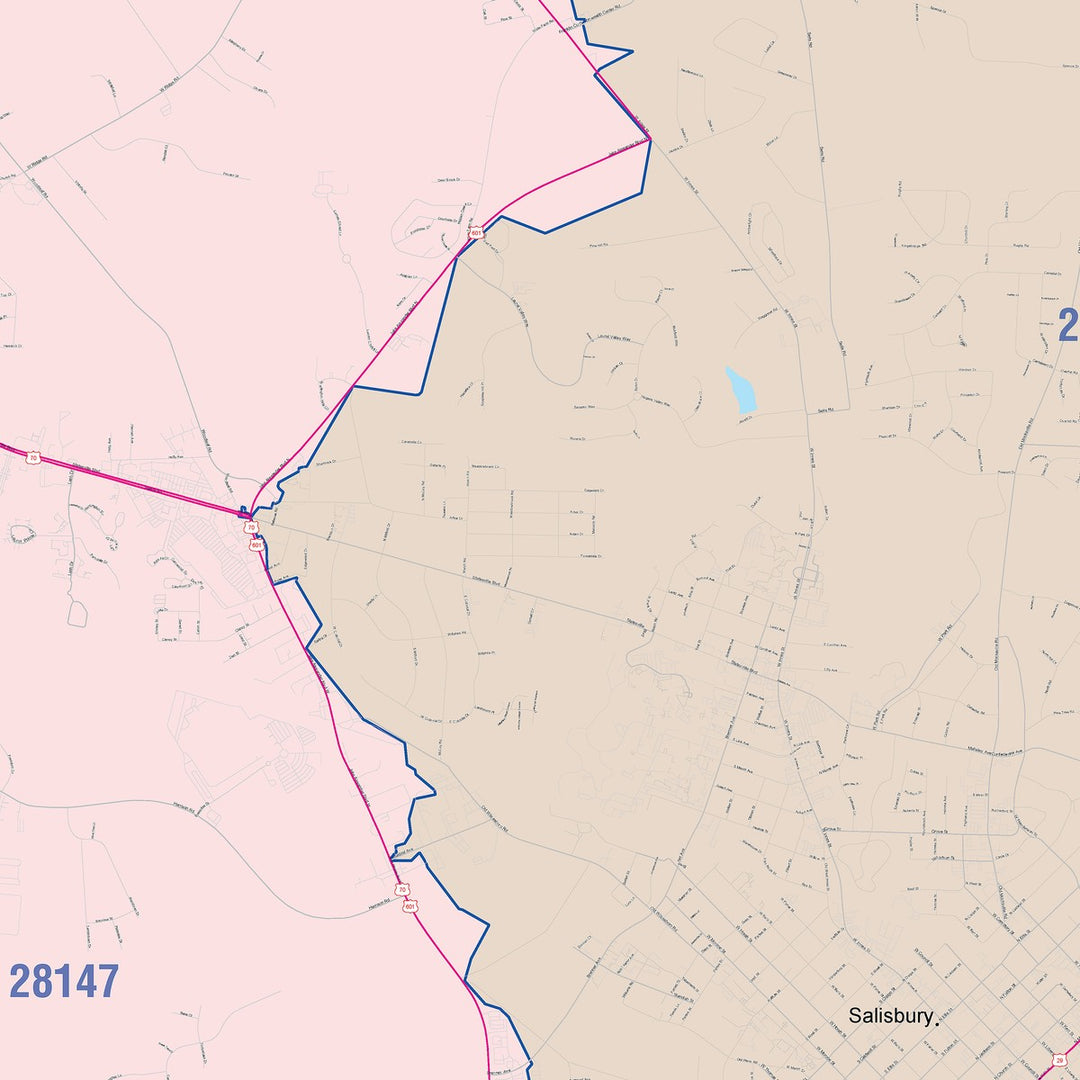 Color Cast Zip Code Style Wall Map of Salisbury, NC