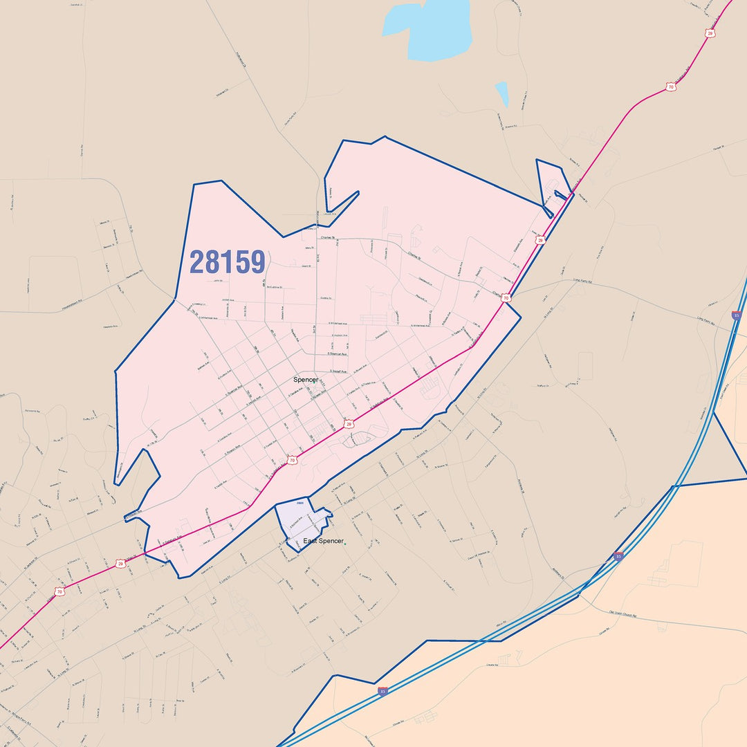 Color Cast Zip Code Style Wall Map of Salisbury, NC