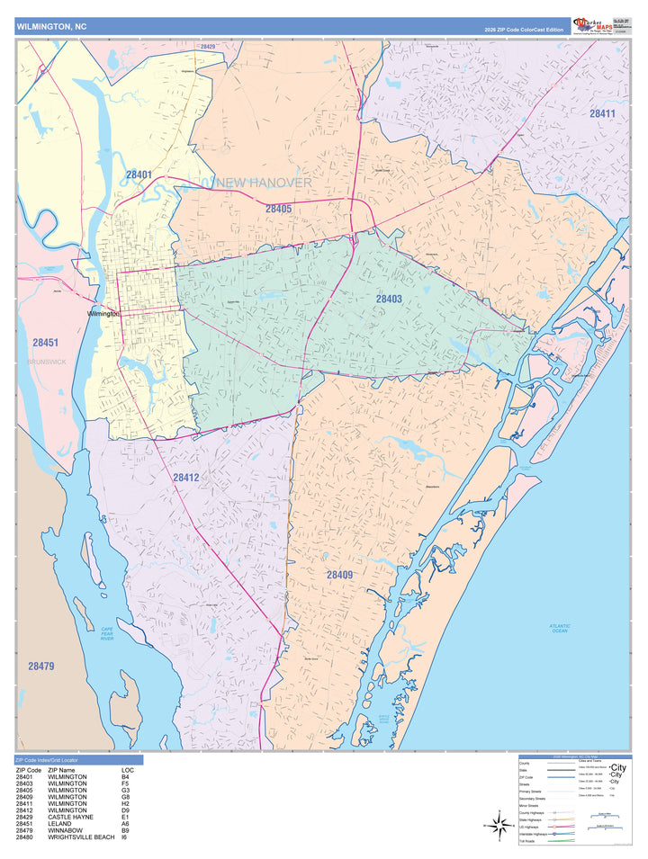 Color Cast Zip Code Style Wall Map of Wilmington, NC