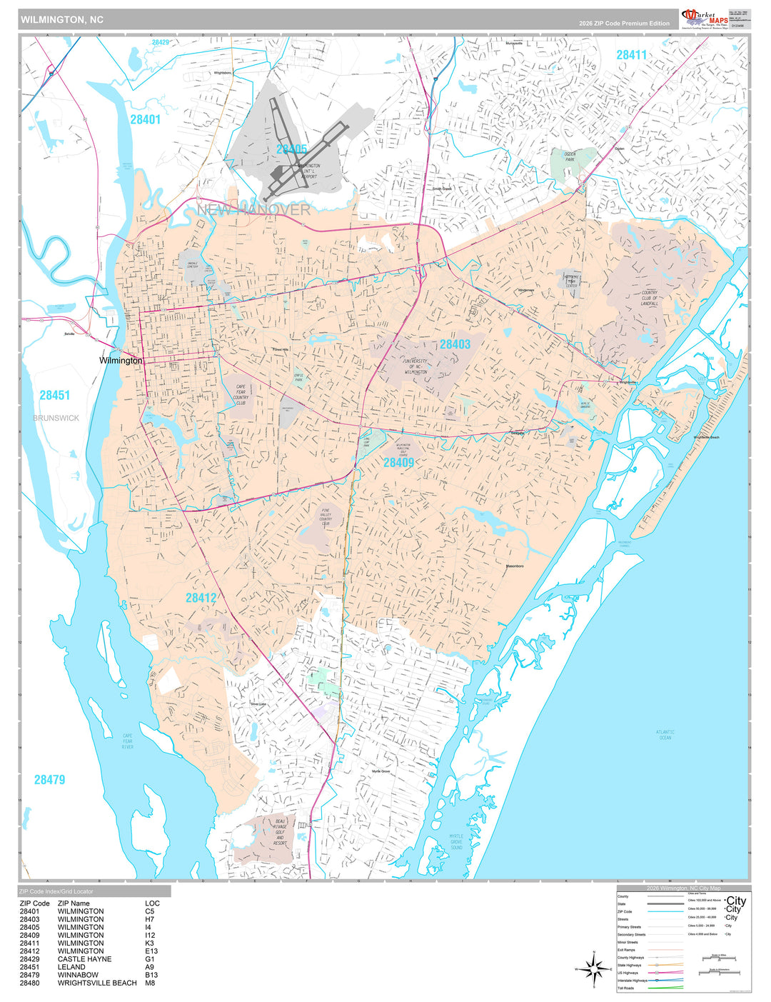 Premium Style Wall Map of Wilmington, NC