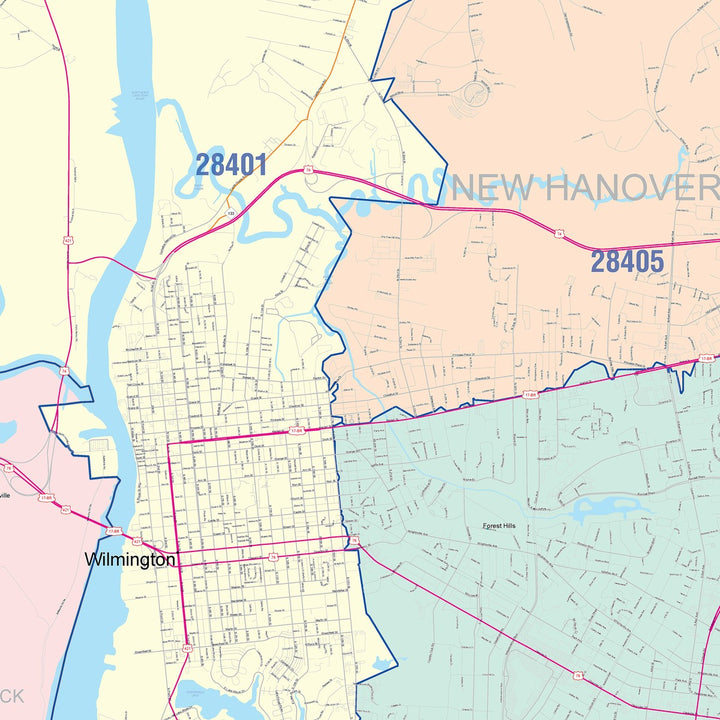 Color Cast Zip Code Style Wall Map of Wilmington, NC