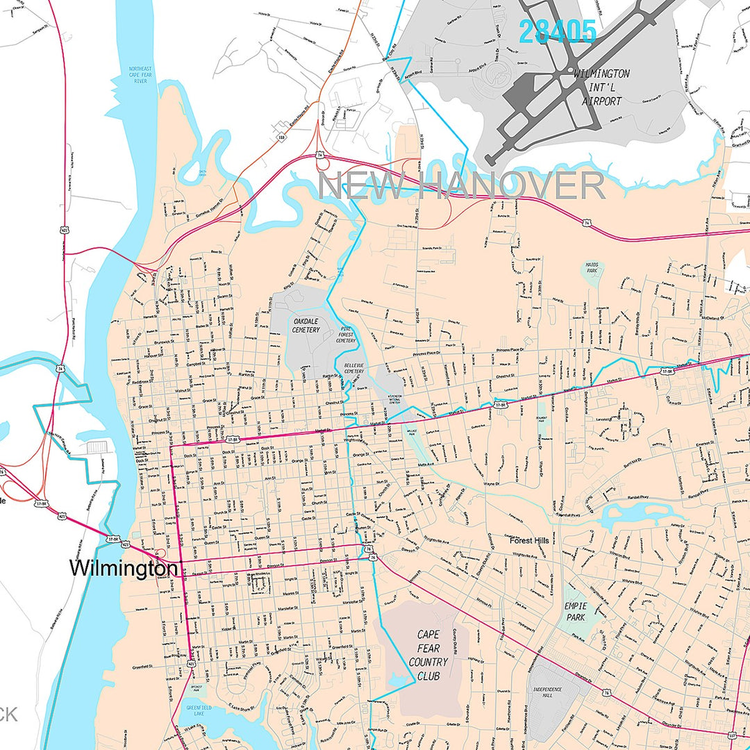 Premium Style Wall Map of Wilmington, NC