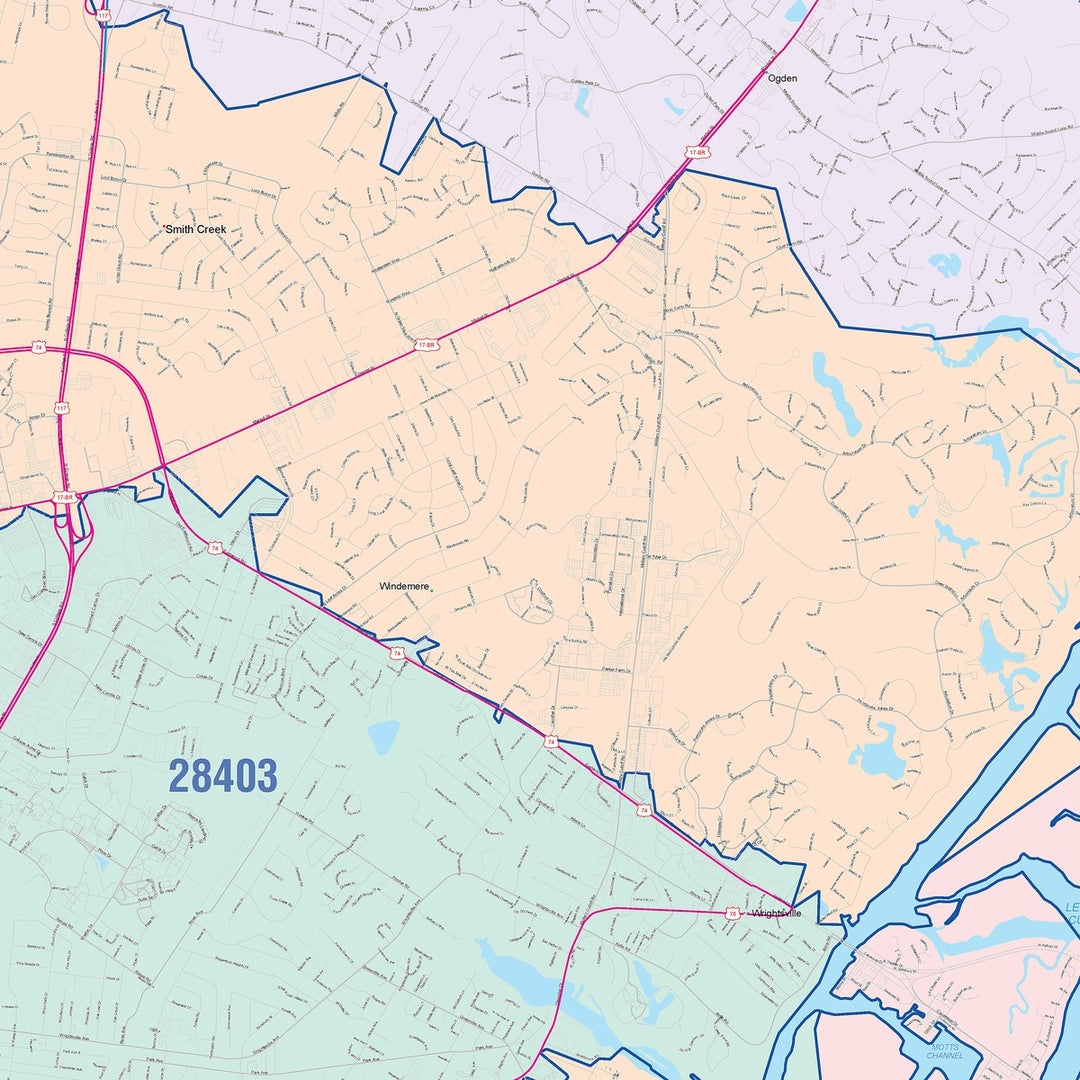 Color Cast Zip Code Style Wall Map of Wilmington, NC