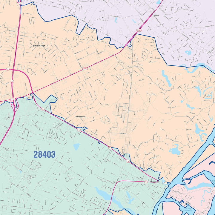 Color Cast Zip Code Style Wall Map of Wilmington, NC