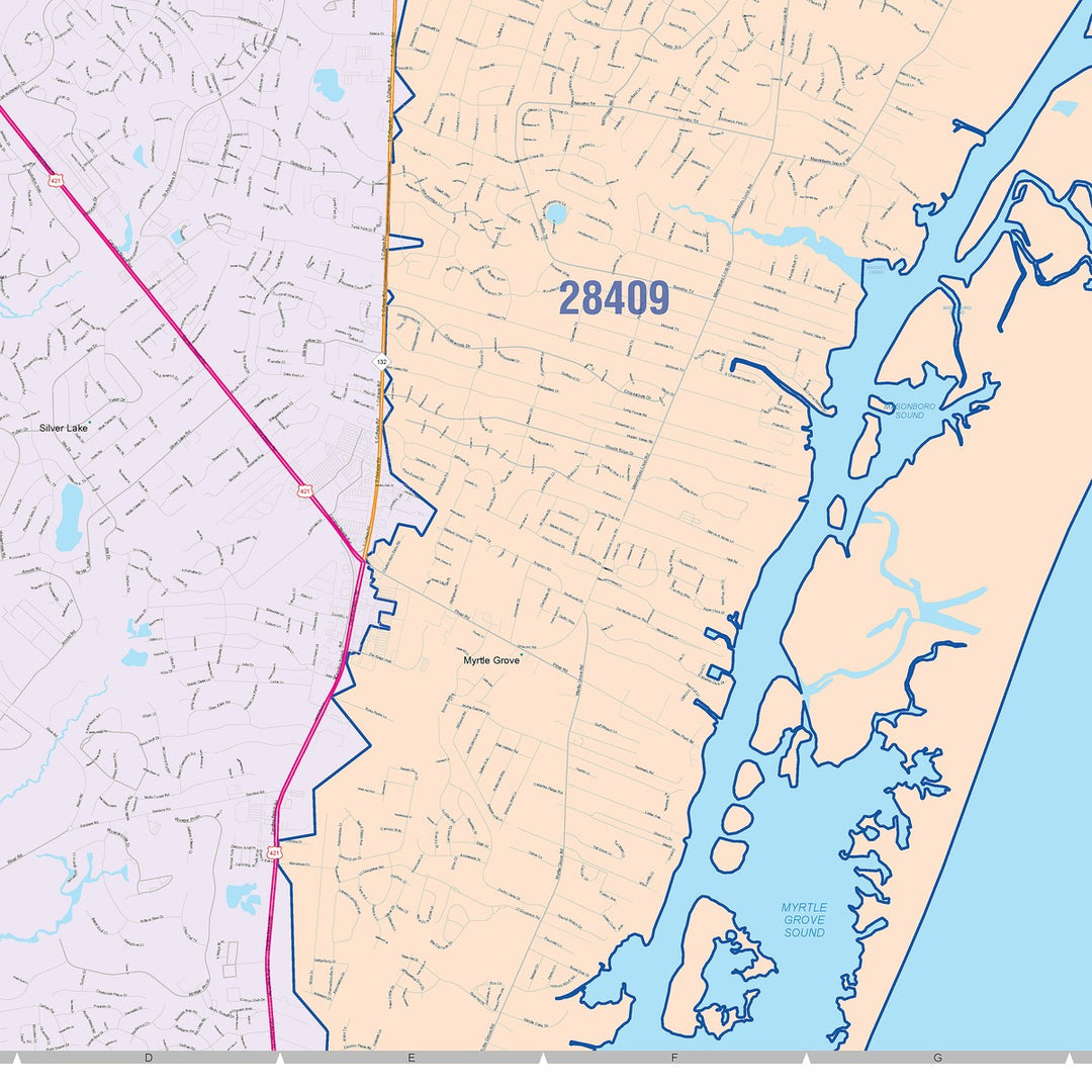 Color Cast Zip Code Style Wall Map of Wilmington, NC