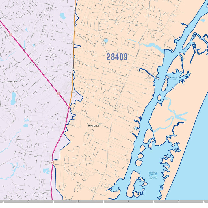 Color Cast Zip Code Style Wall Map of Wilmington, NC