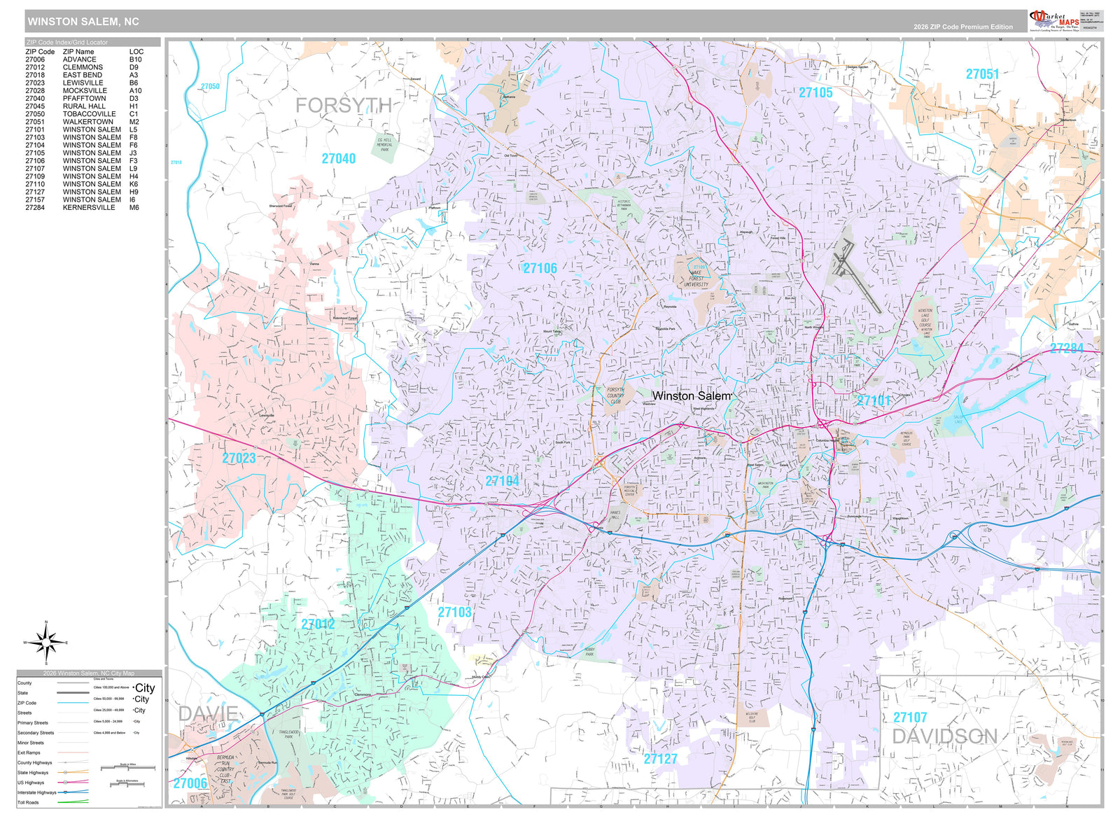 Premium Style Wall Map of Winston Salem NC