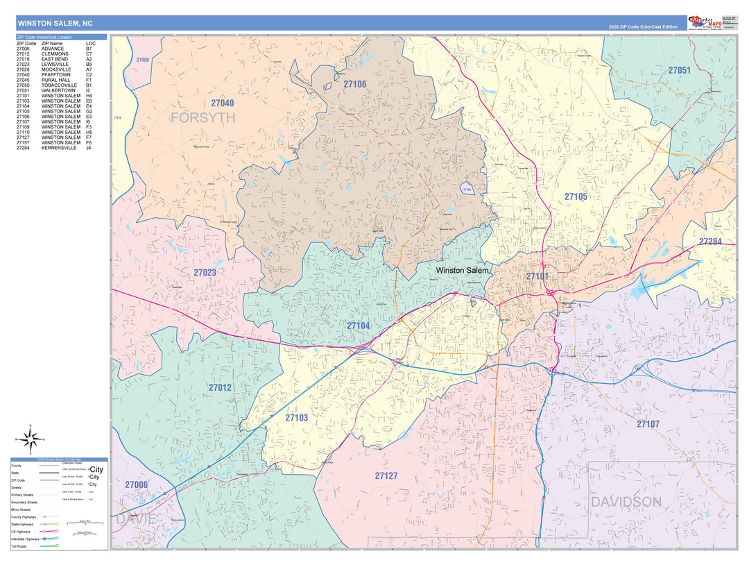 Color Cast Zip Code Style Wall Map of Winston-Salem, NC
