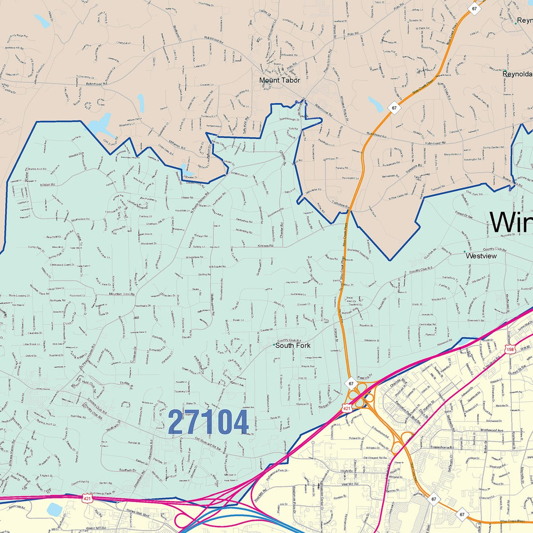 Color Cast Zip Code Style Wall Map of Winston-Salem, NC