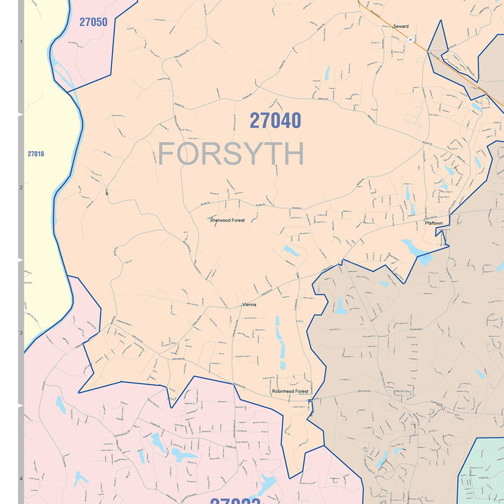 Color Cast Zip Code Style Wall Map of Winston-Salem, NC