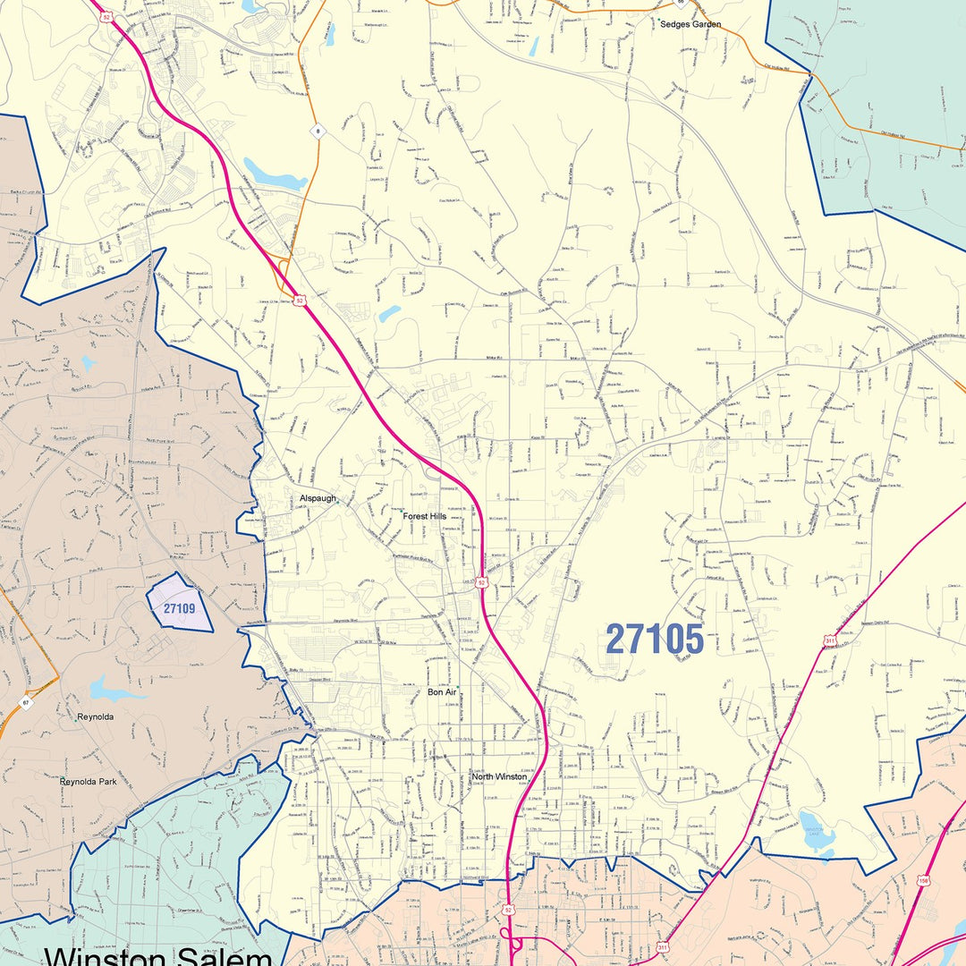 Color Cast Zip Code Style Wall Map of Winston-Salem, NC