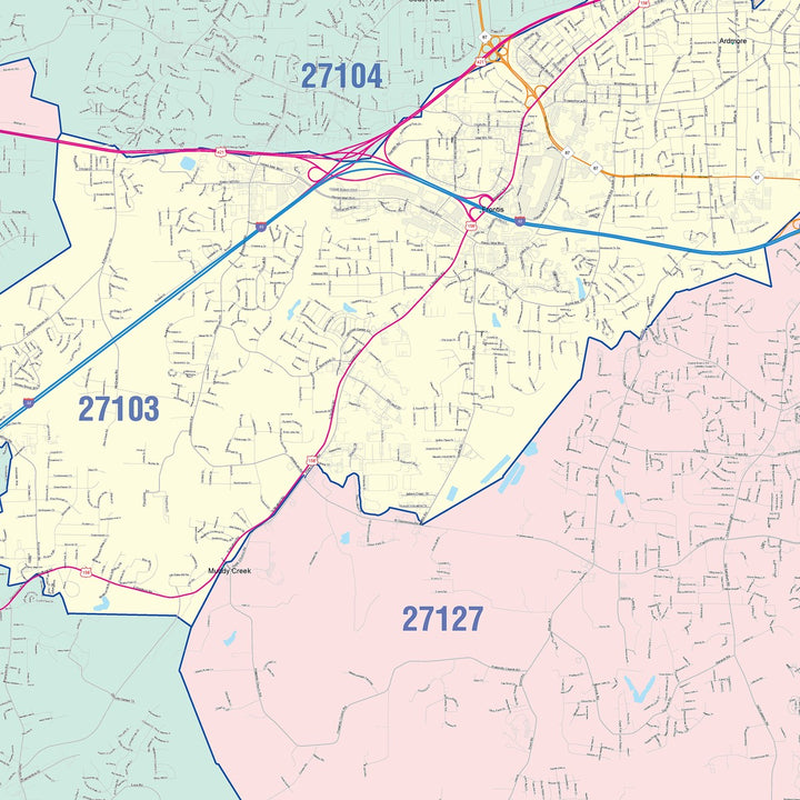 Color Cast Zip Code Style Wall Map of Winston-Salem, NC