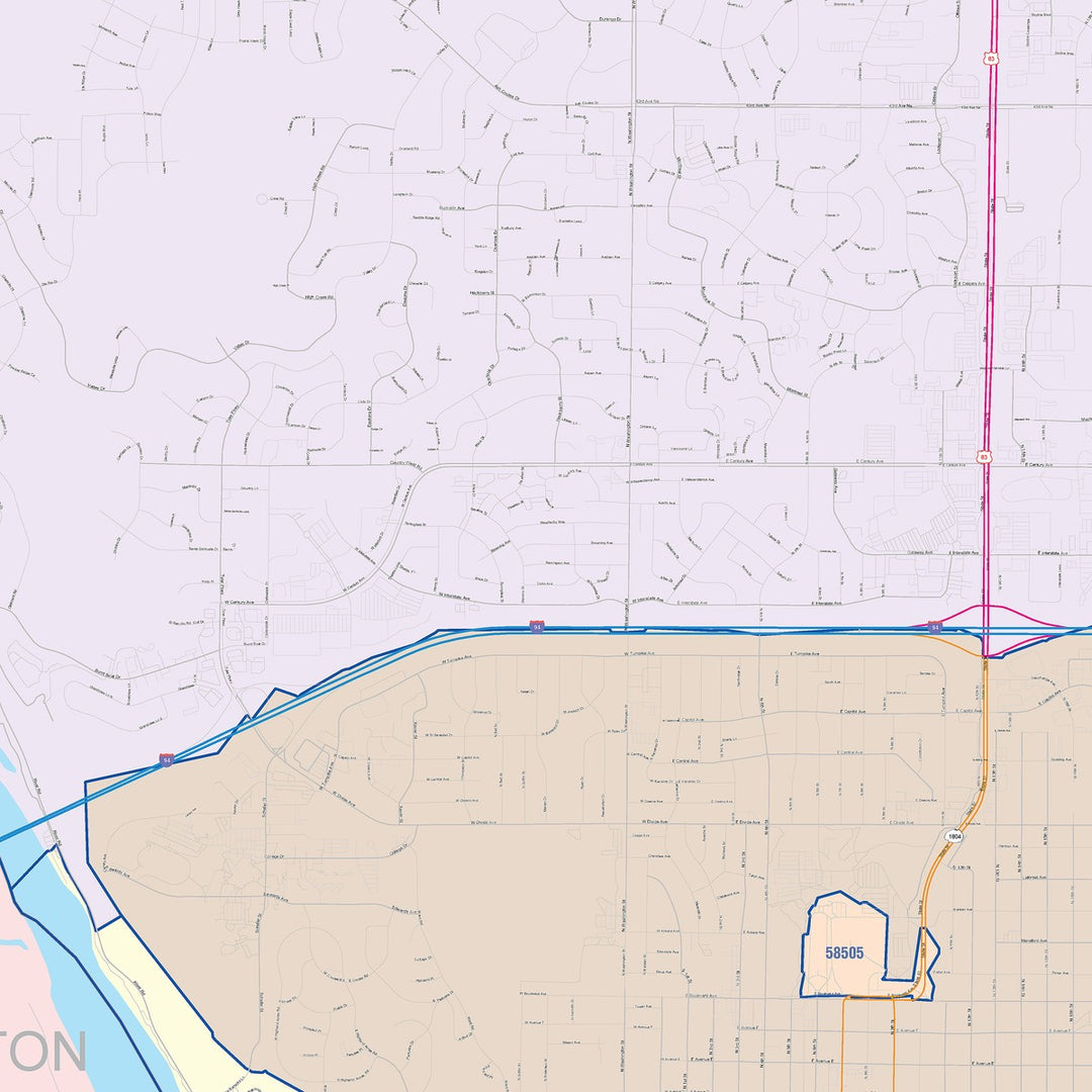 Color Cast Zip Code Style Wall Map of Bismarck, ND