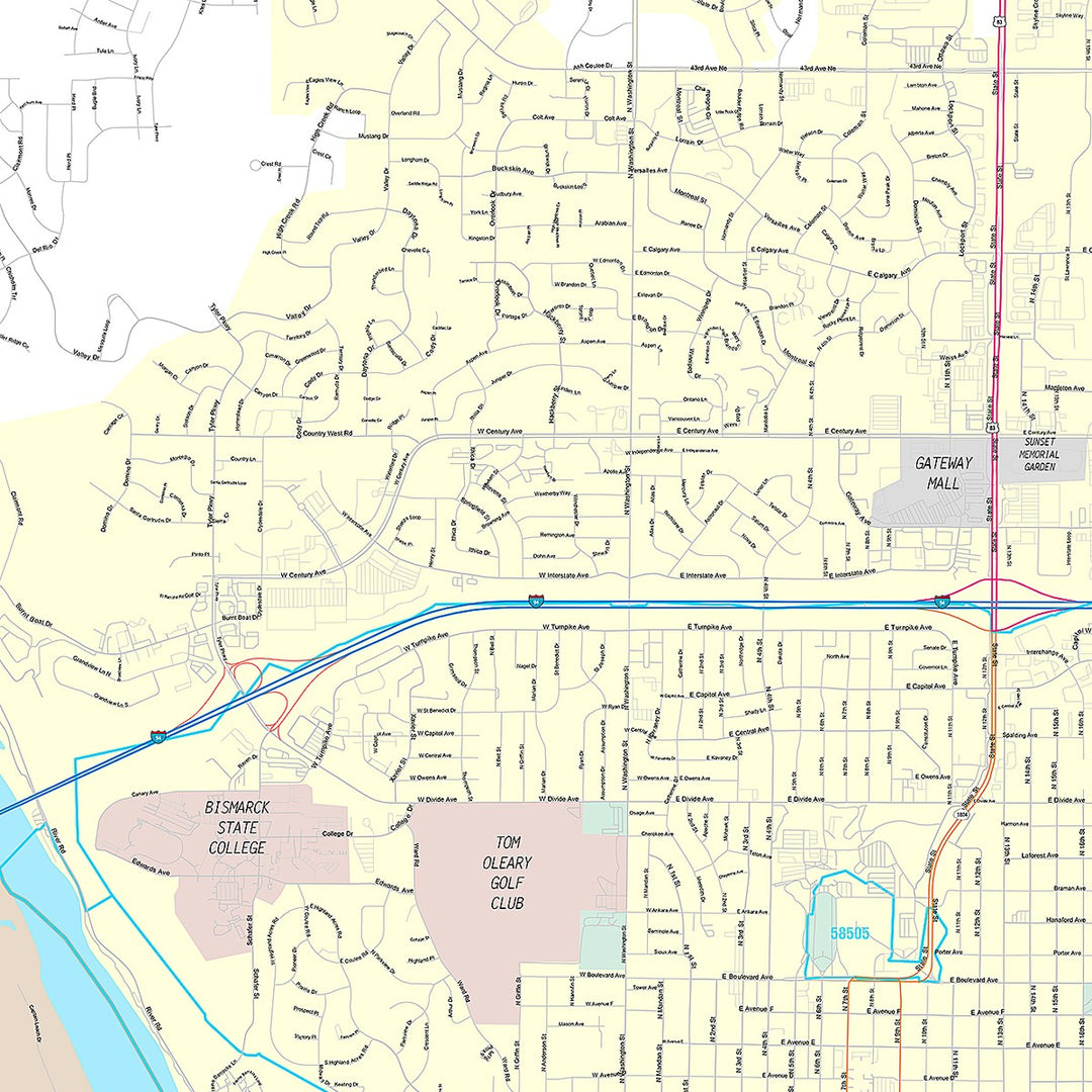 Premium Style Wall Map of Bismarck, ND