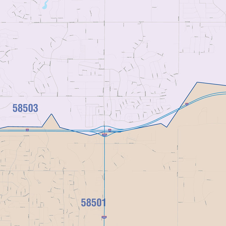 Color Cast Zip Code Style Wall Map of Bismarck, ND