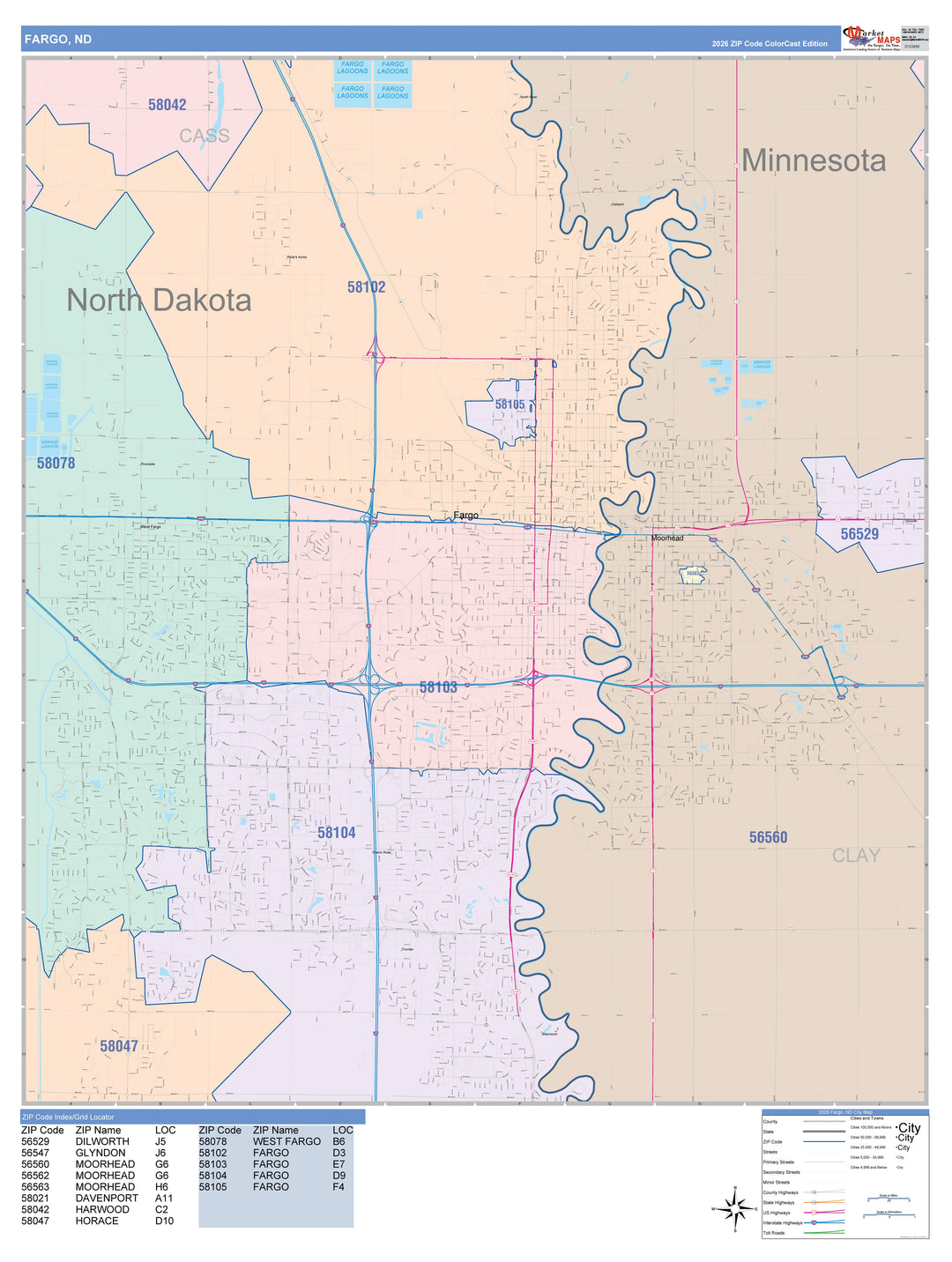 Color Cast Zip Code Style Wall Map of Fargo, ND