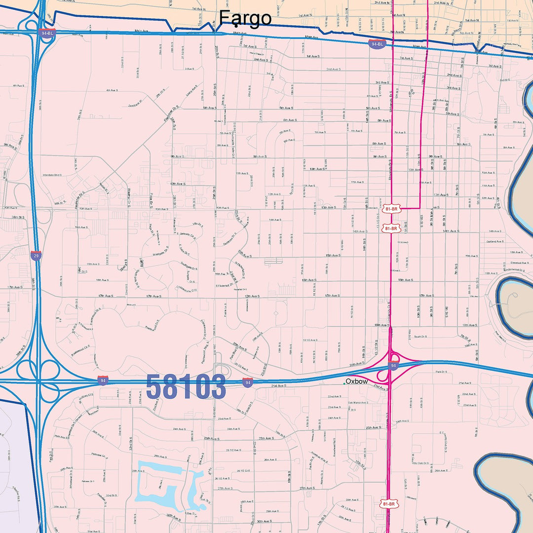 Color Cast Zip Code Style Wall Map of Fargo, ND