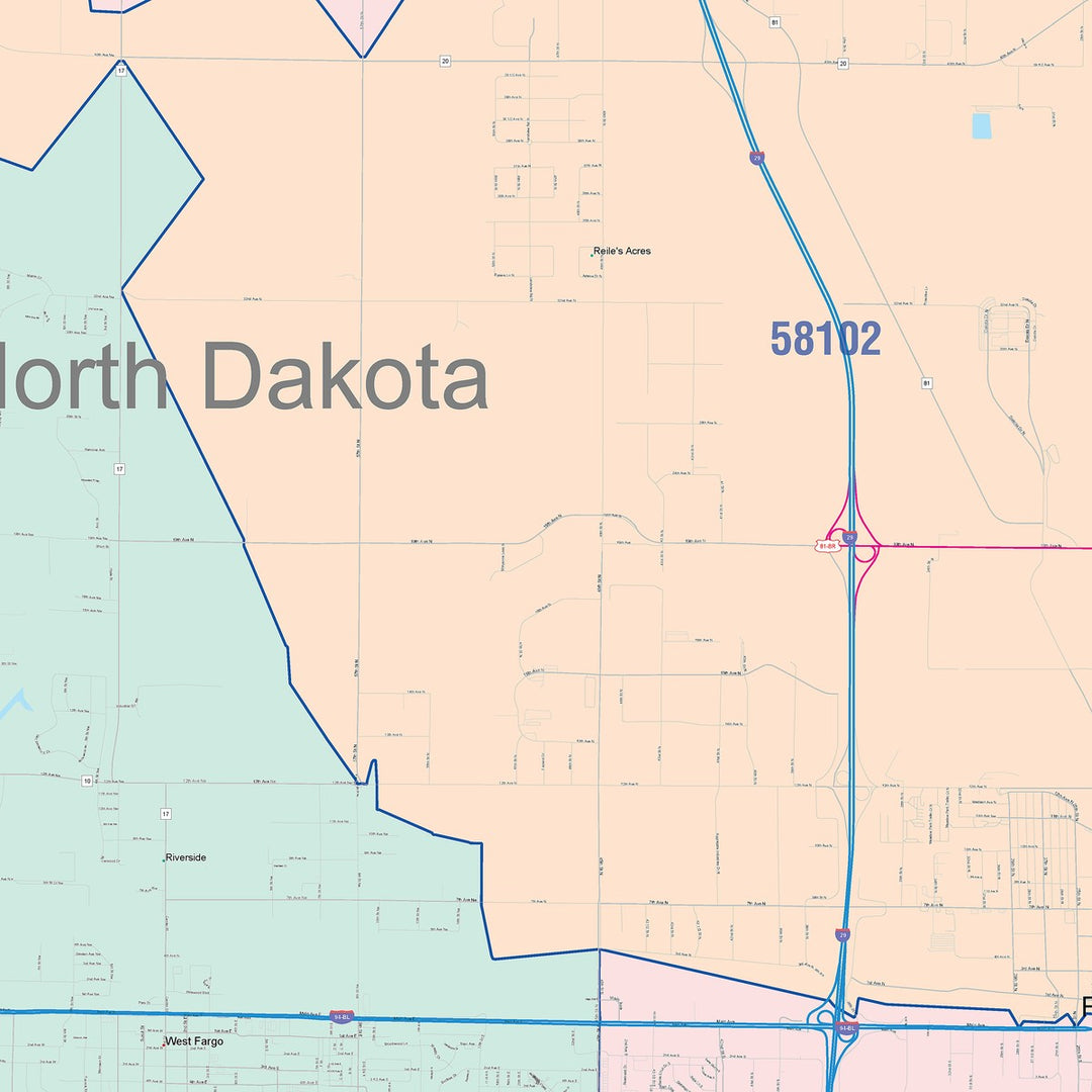 Color Cast Zip Code Style Wall Map of Fargo, ND