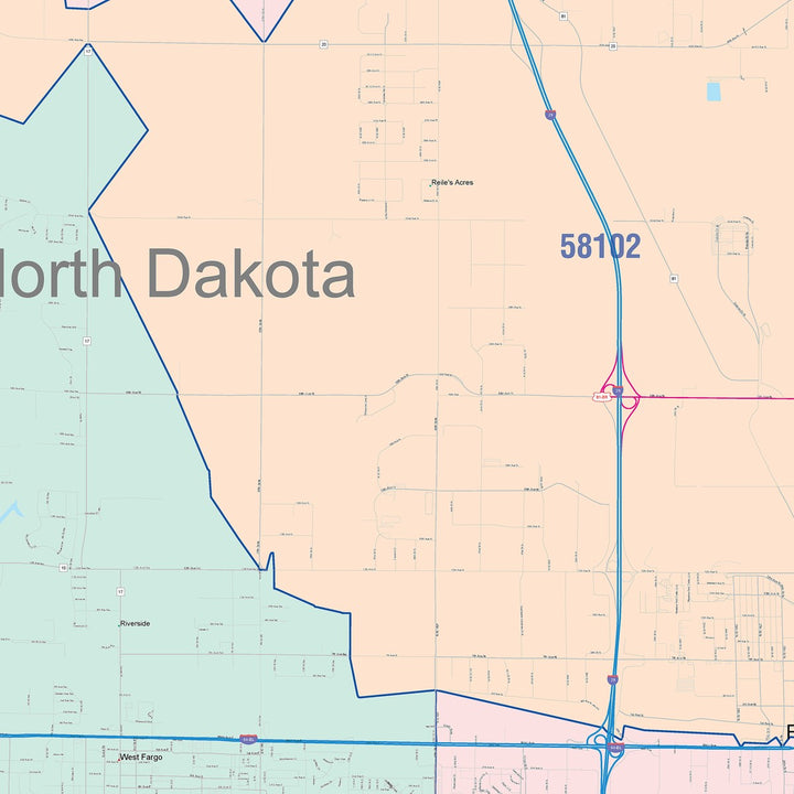 Color Cast Zip Code Style Wall Map of Fargo, ND