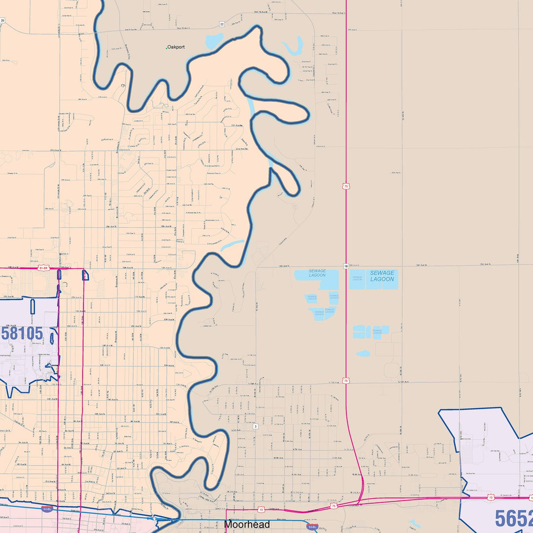 Color Cast Zip Code Style Wall Map of Fargo, ND