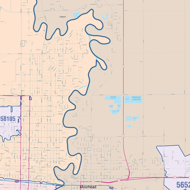 Color Cast Zip Code Style Wall Map of Fargo, ND