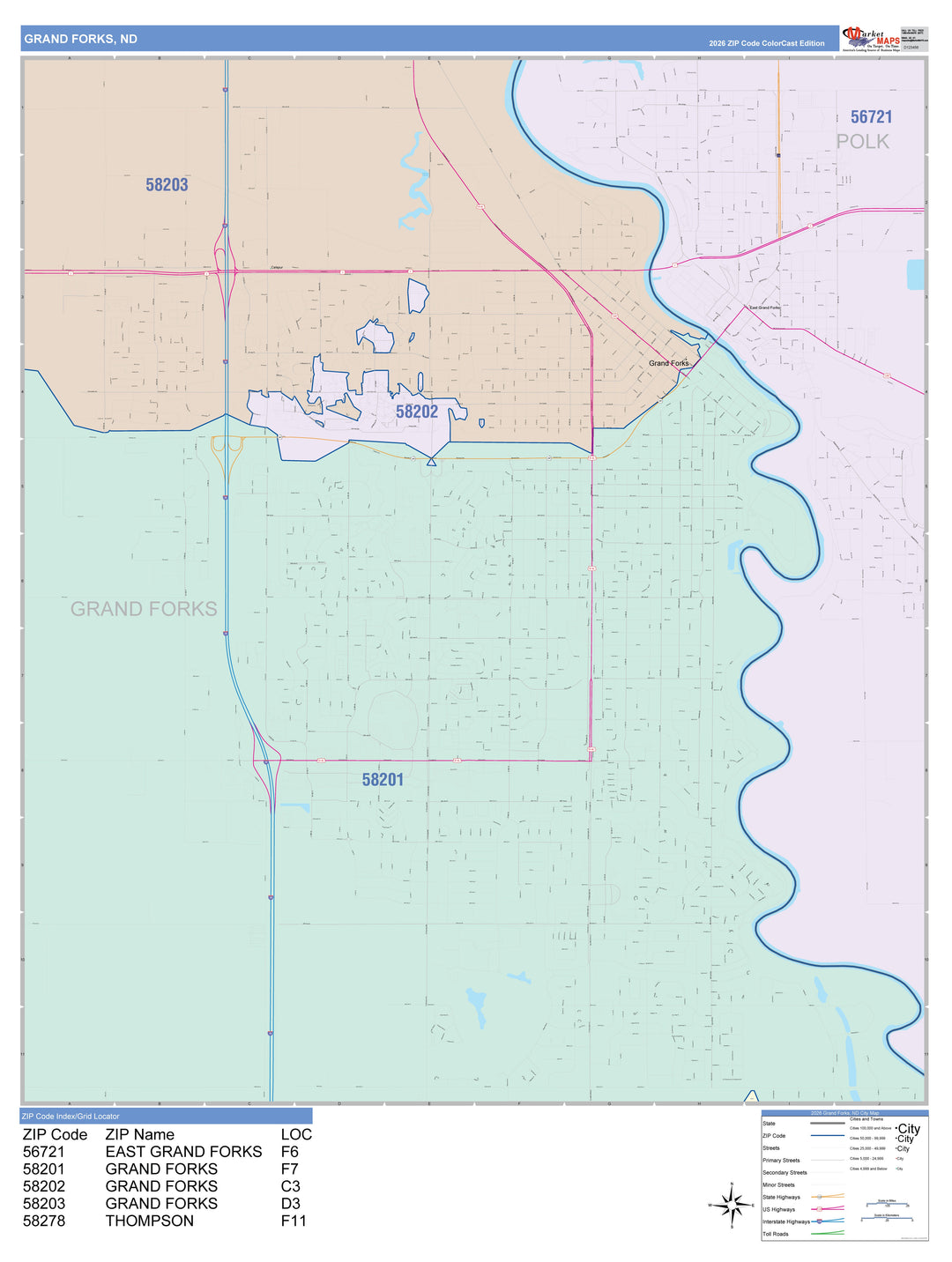 Color Cast Zip Code Style Wall Map of Grand Forks, ND