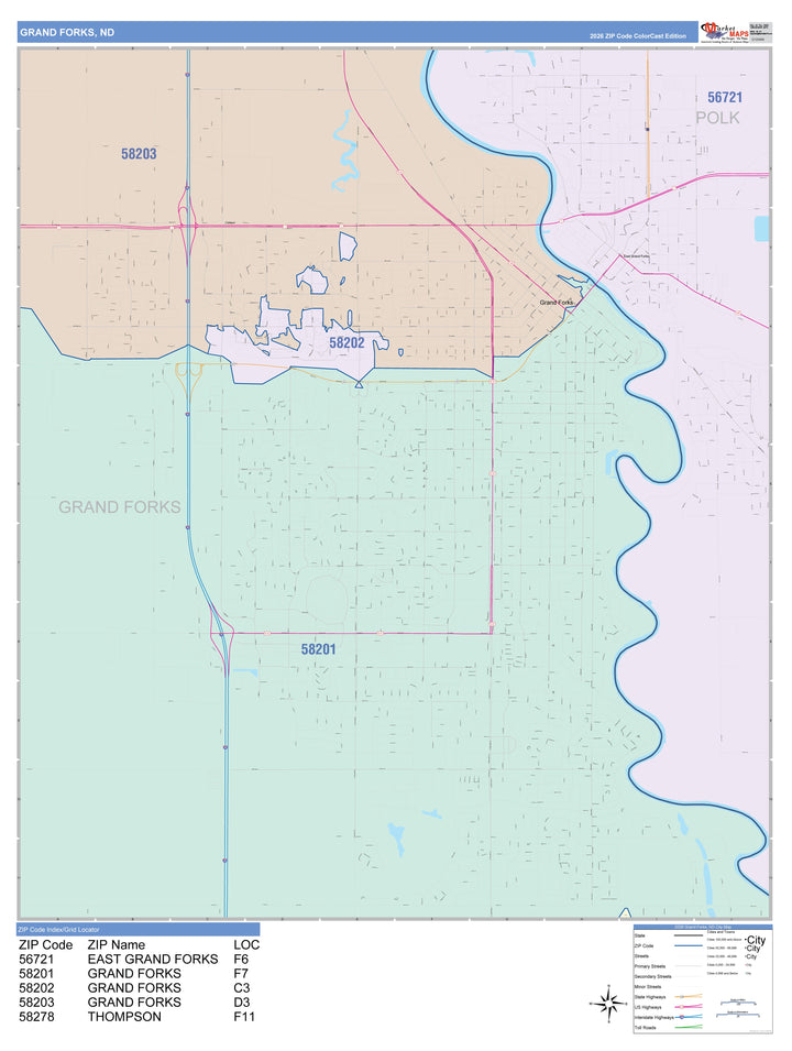 Color Cast Zip Code Style Wall Map of Grand Forks, ND
