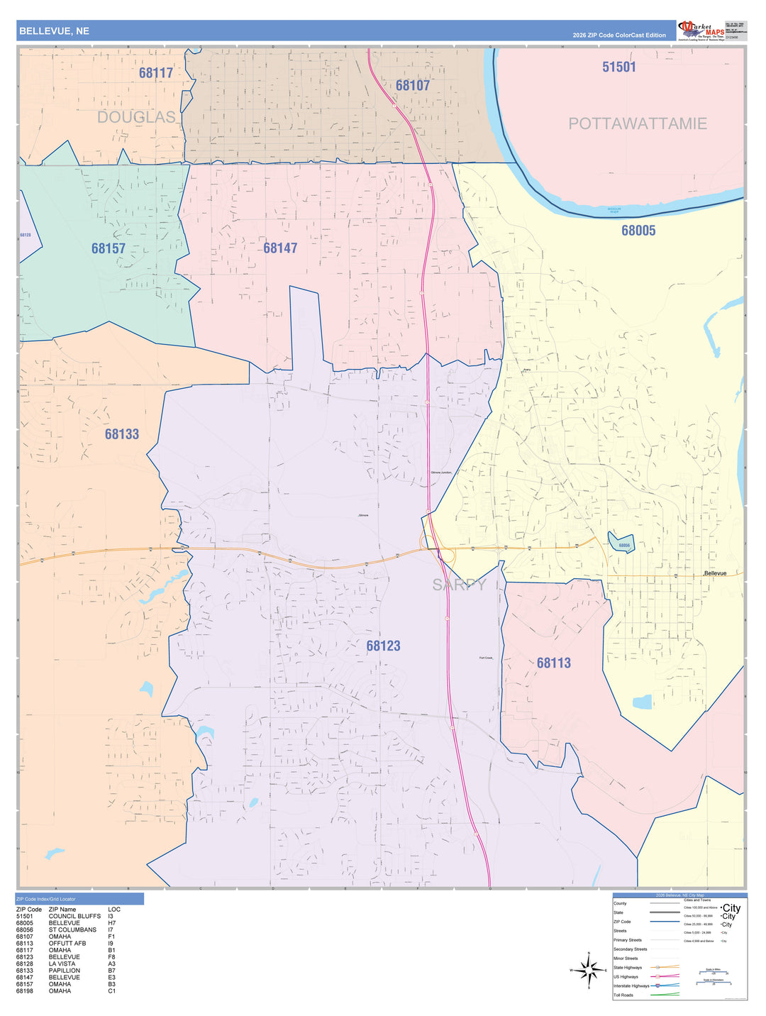 Color Cast Zip Code Style Wall Map of Bellevue, NE