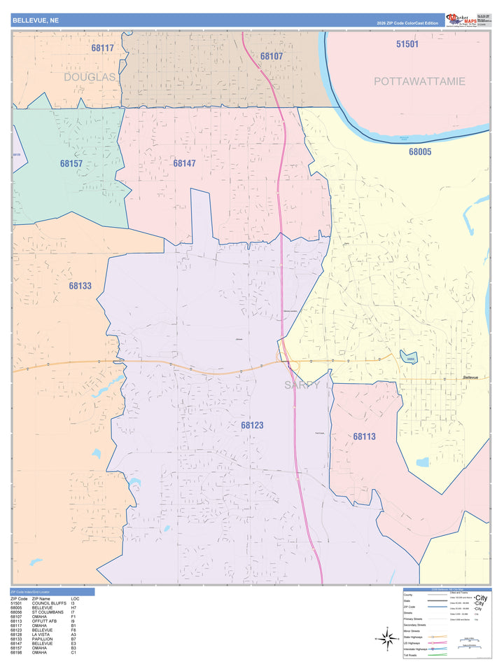Color Cast Zip Code Style Wall Map of Bellevue, NE