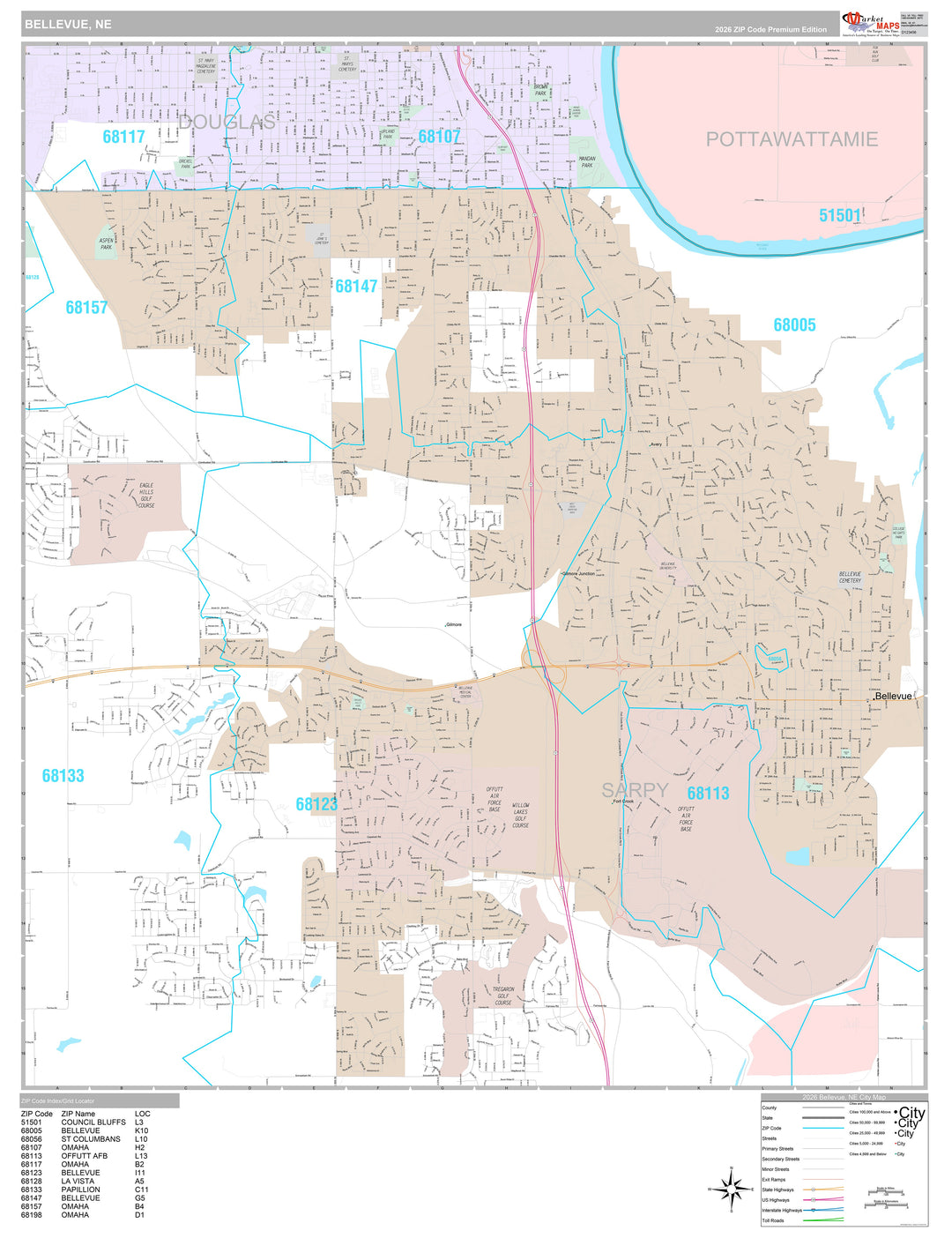Premium Style Wall Map of Bellevue, NE