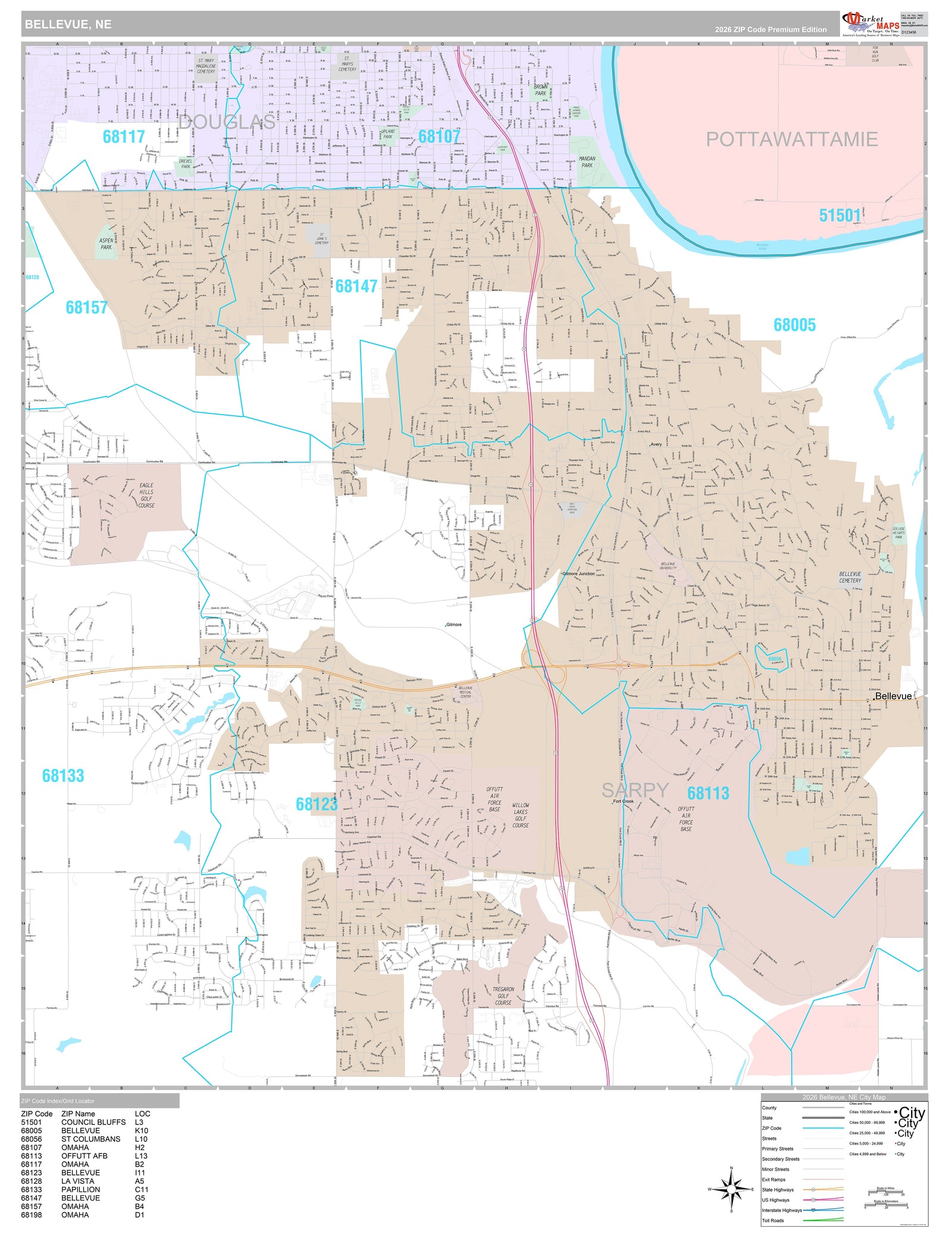 Premium Style Wall Map of Bellevue, NE