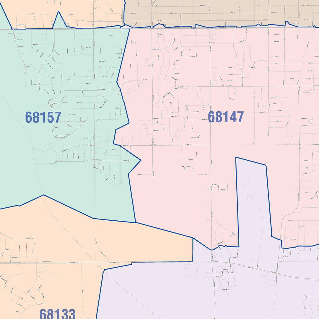 Color Cast Zip Code Style Wall Map of Bellevue, NE