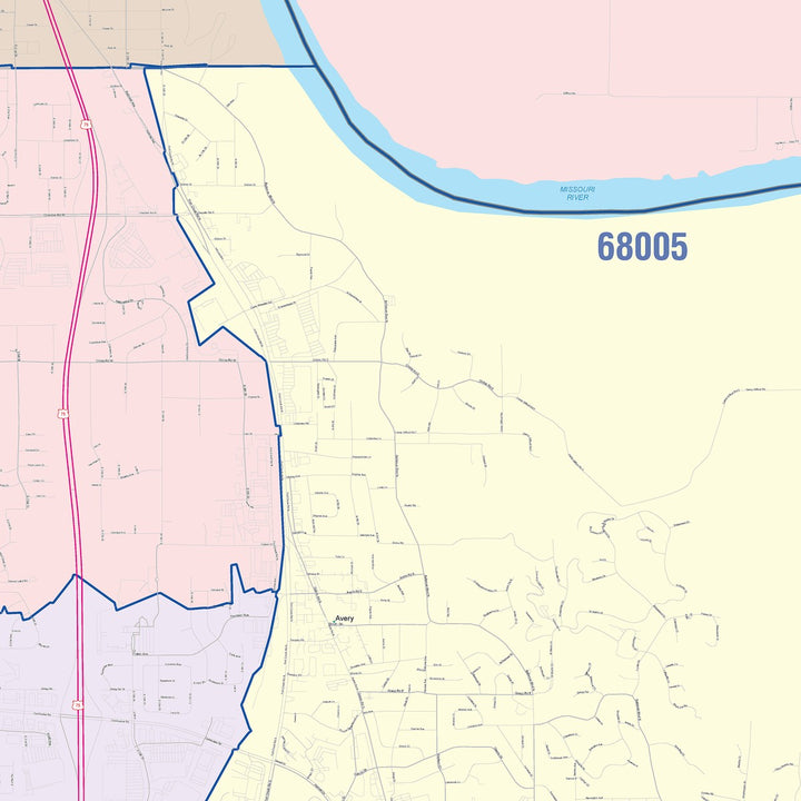 Color Cast Zip Code Style Wall Map of Bellevue, NE