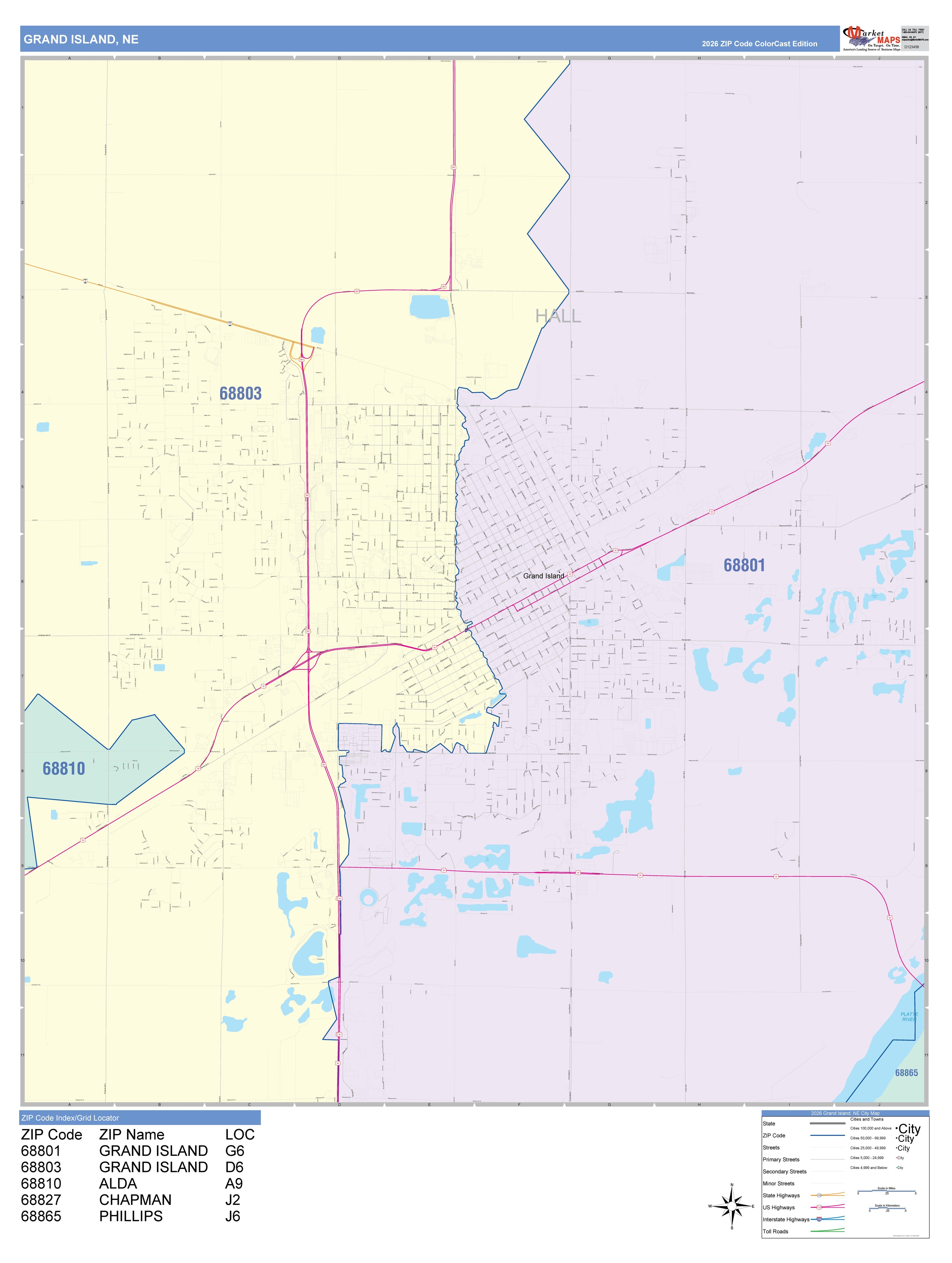 Color Cast Zip Code Style Wall Map of Grand Island, NE – American