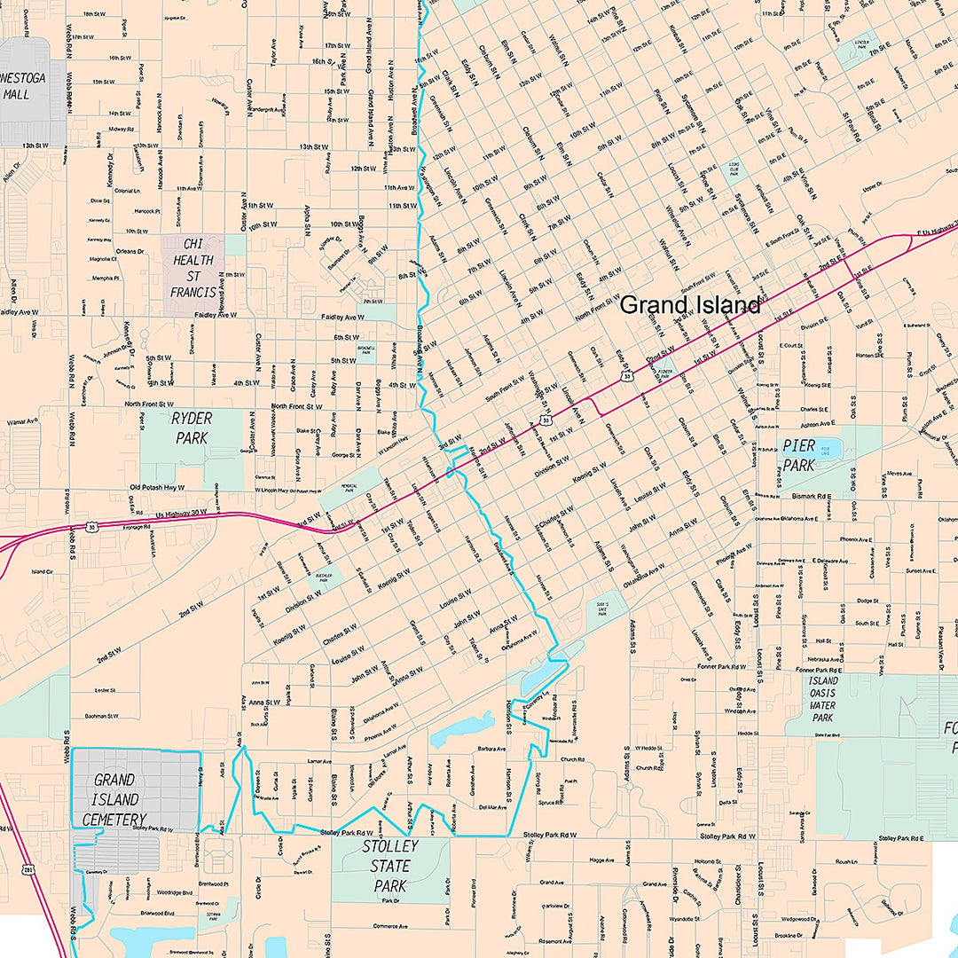 Premium Style Wall Map of Grand Island, NE