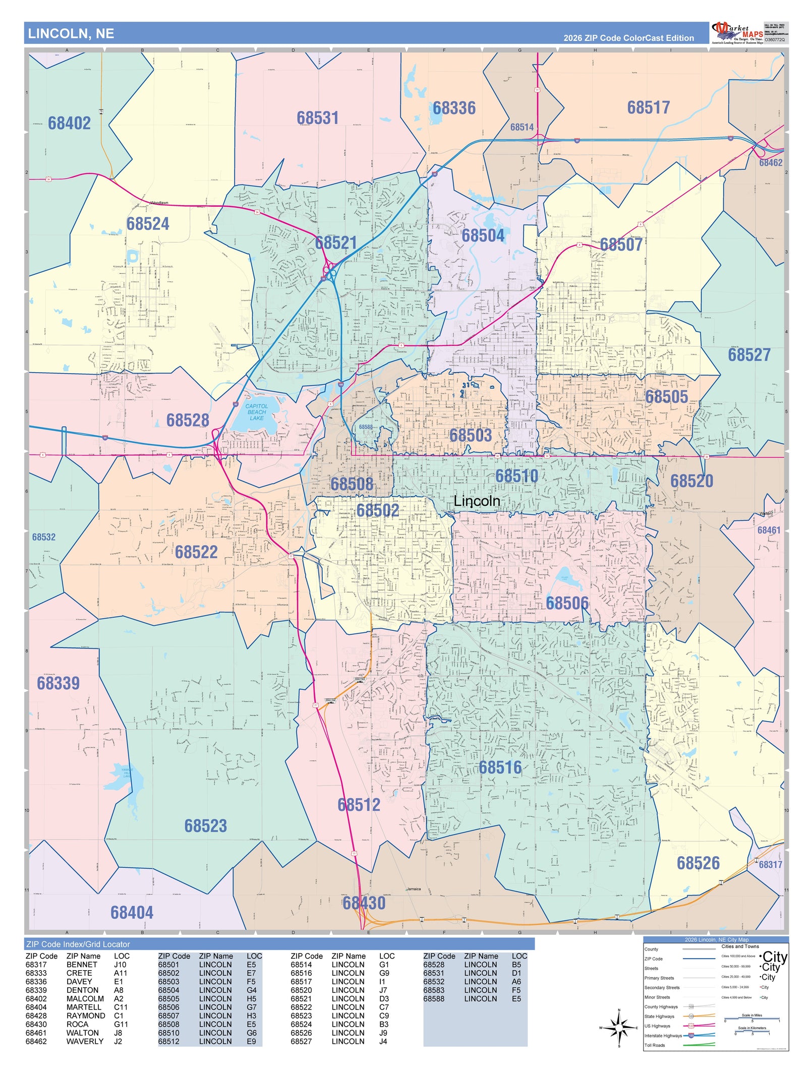 Colorcast Zip Code Style Wall Map of Lincoln NE