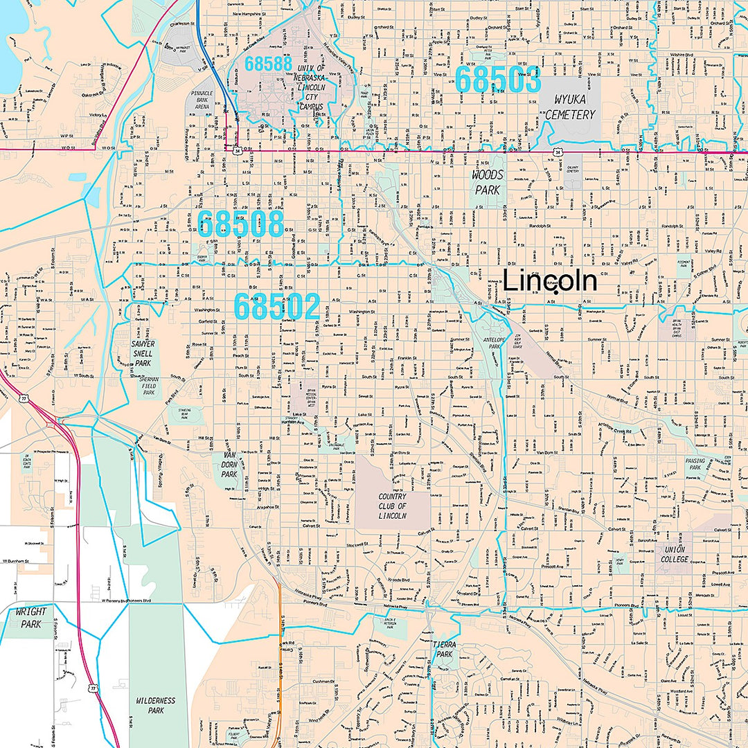Premium Style Wall Map of Lincoln NE