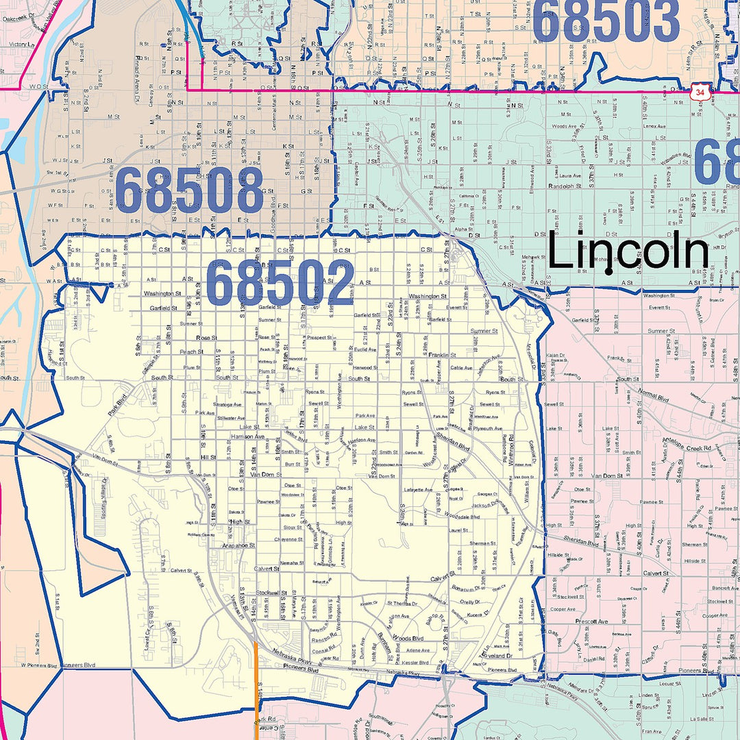 Colorcast Zip Code Style Wall Map of Lincoln, NE – American Map Store