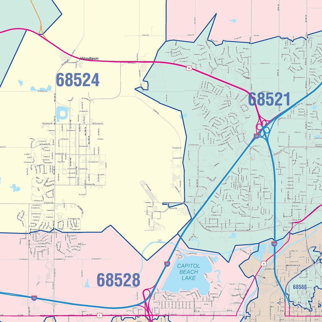 Colorcast Zip Code Style Wall Map of Lincoln, NE – American Map Store