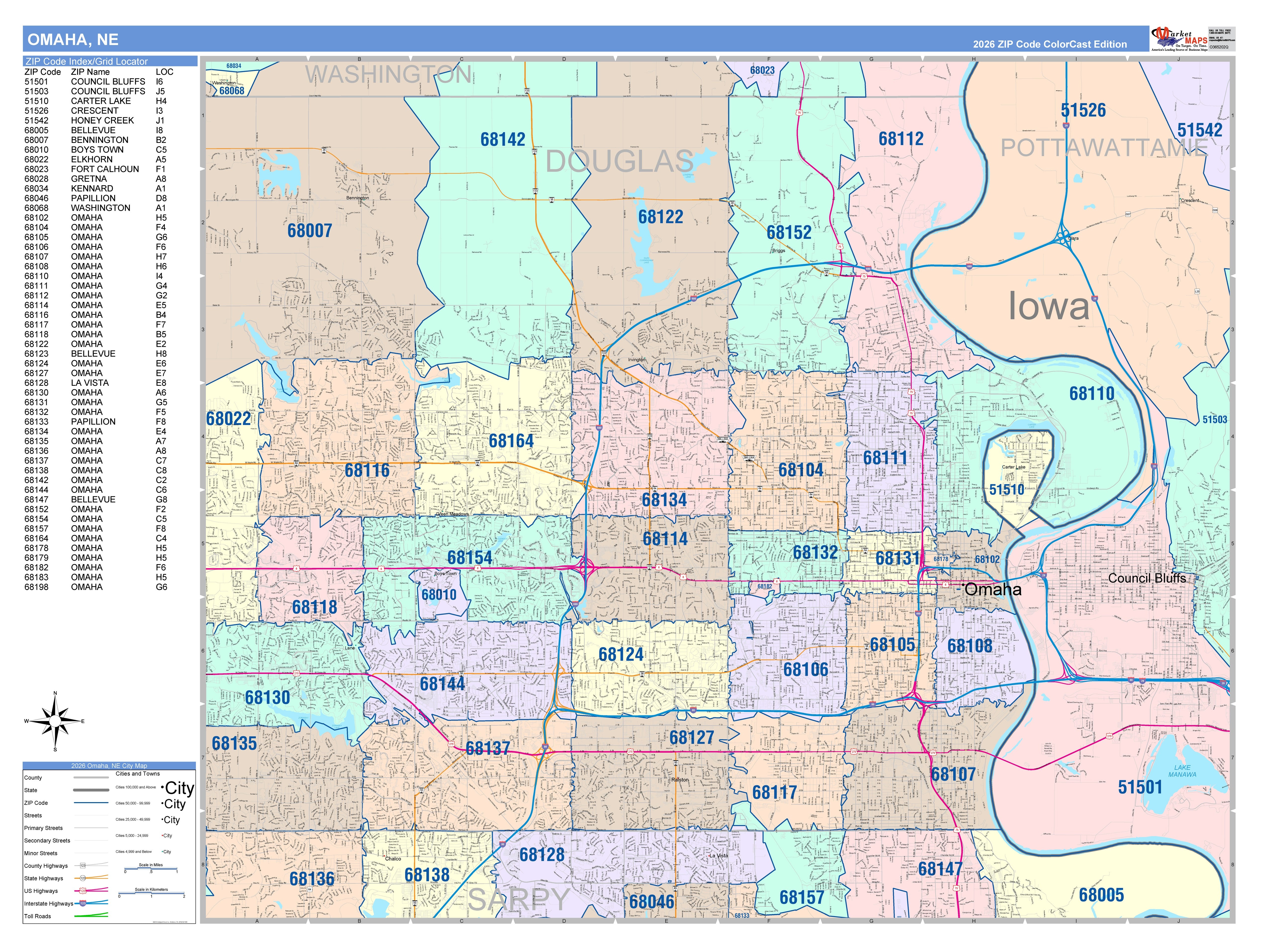 ＢＬＵＥＭＡＰ 兵庫区 Colorcast Zip Code Style Wall Map of Omaha, NE – American Map Store